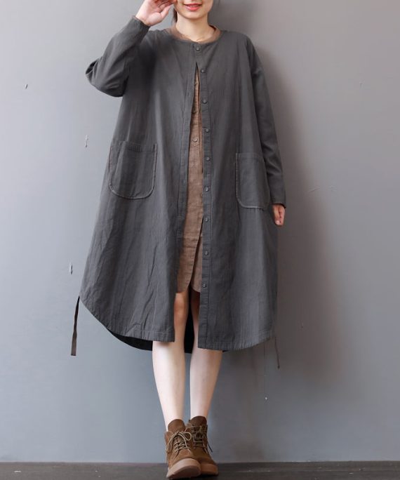 New gray cotton dress plus size stand collar cotton maxi dress Elegant long sleeve autumn shirt dress