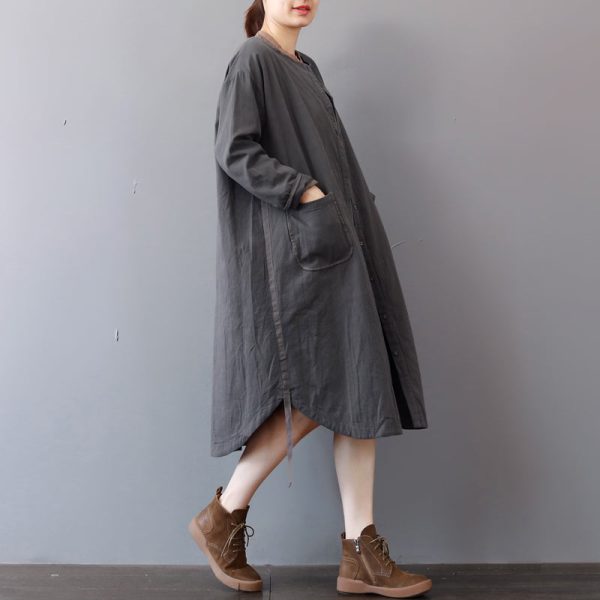 New gray cotton dress plus size stand collar cotton maxi dress Elegant long sleeve autumn shirt dress - Image 3