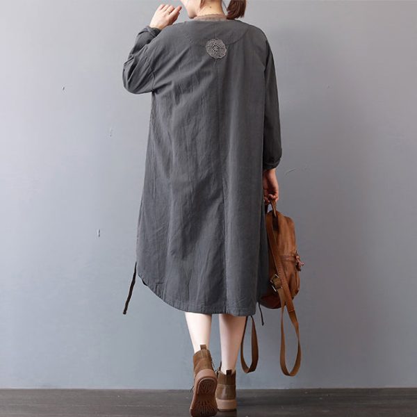 New gray cotton dress plus size stand collar cotton maxi dress Elegant long sleeve autumn shirt dress - Image 4