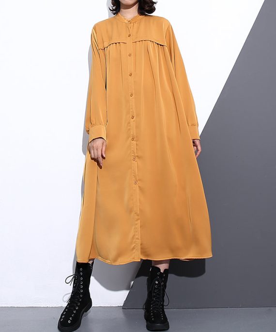 New yellow silk cotton blended caftans plus size clothing stand collar silk cotton blended clothing dress fine pockets Cinched caftans