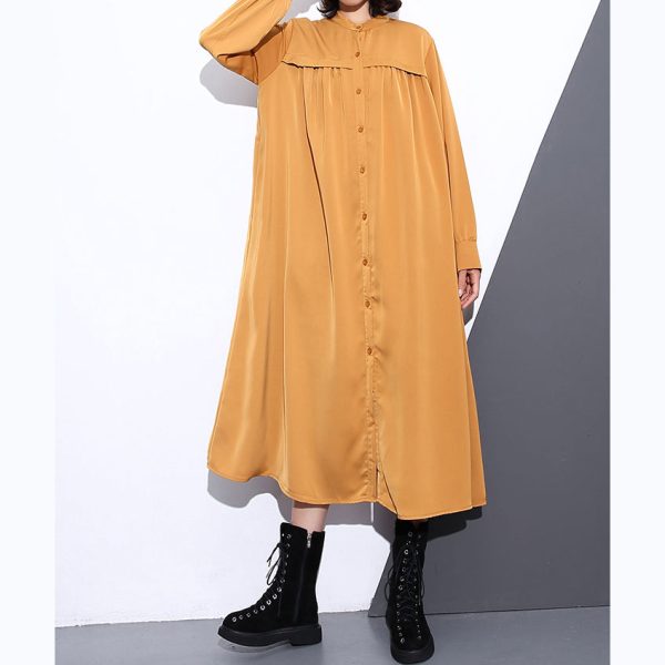 New yellow silk cotton blended caftans plus size clothing stand collar silk cotton blended clothing dress fine pockets Cinched caftans - Image 2