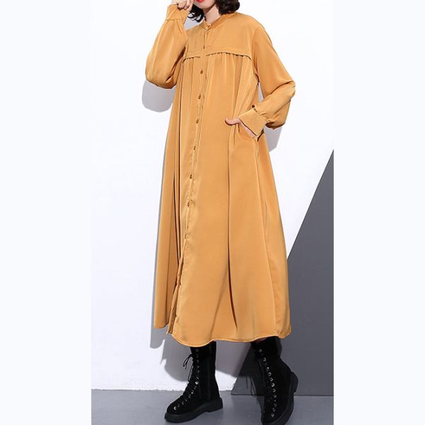 New yellow silk cotton blended caftans plus size clothing stand collar silk cotton blended clothing dress fine pockets Cinched caftans - Image 3