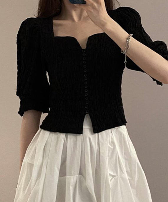 Novelty Black Square Collar Shirts Half Sleeve