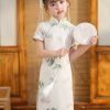 Novelty Cyan Stand Collar Side Open Girls Vacation Maxi Dresses Short Sleeve