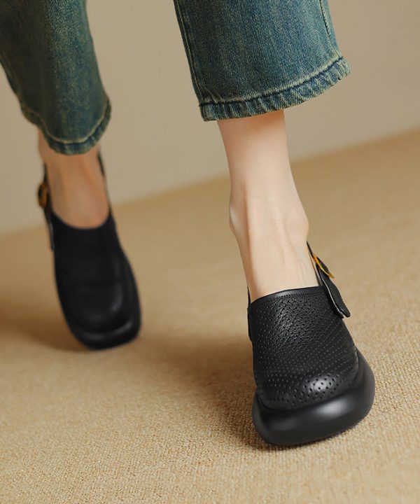 Black Hollow Out Splicing Buckle Strap Chunky Sandals - Image 4