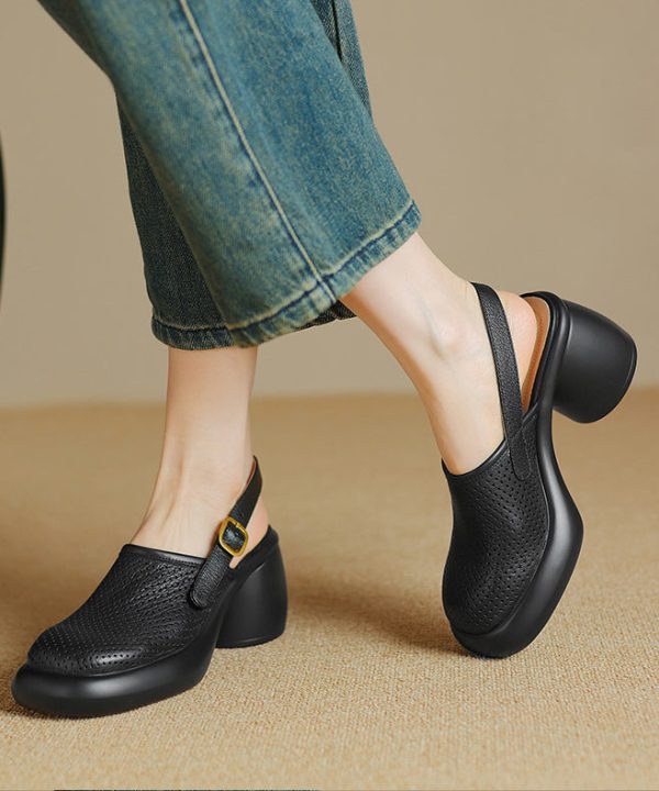 Black Hollow Out Splicing Buckle Strap Chunky Sandals - Image 3