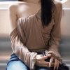 Novelty Khaki One Shoulder Wrinkled Tulle Tops Lantern Sleeve
