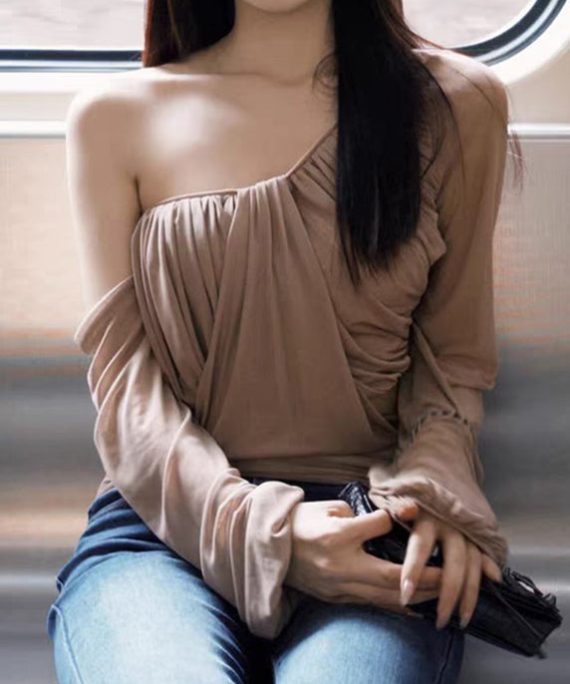 Novelty Khaki One Shoulder Wrinkled Tulle Tops Lantern Sleeve