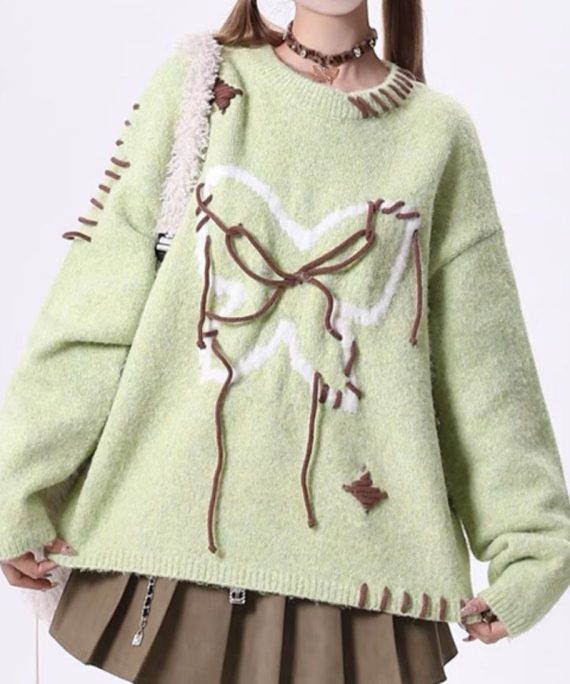 Novelty Plus Size Green O Neck Lace Up Knit Sweaters Spring