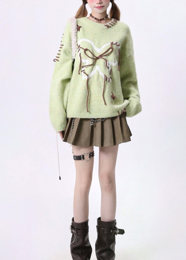 Novelty Plus Size Green O Neck Lace Up Knit Sweaters Spring - Image 3