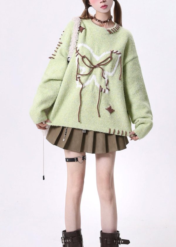 Novelty Plus Size Green O Neck Lace Up Knit Sweaters Spring - Image 4