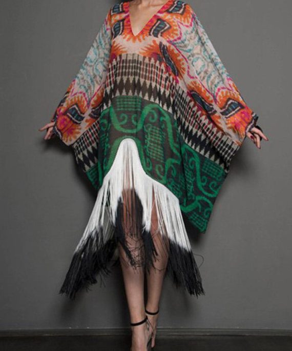 Novelty White V Neck Asymmetrical Print Tassel Patchwork Long Dress Long sleeve