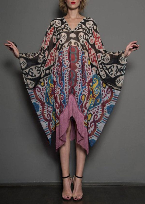 Novelty White V Neck Asymmetrical Print Tassel Patchwork Long Dress Long sleeve - Image 3