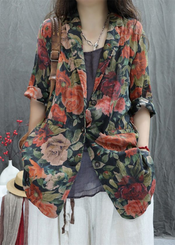 Orange Button Pockets Cotton Coats Peter Pan Collar Bracelet Sleeve - Image 2