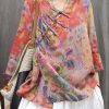 Orange Print Button Linen Blouse V Neck Bracelet Sleeve