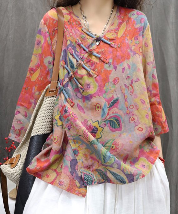 Orange Print Button Linen Blouse V Neck Bracelet Sleeve