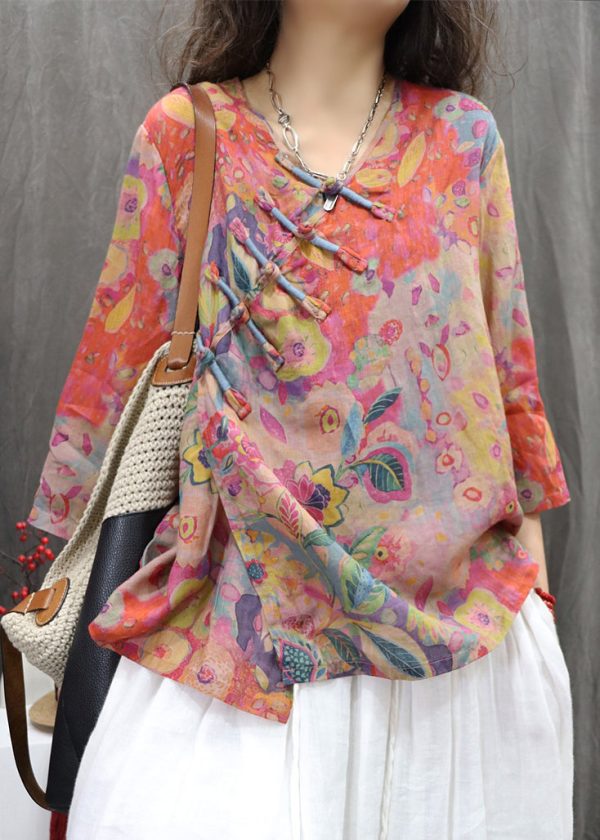 Orange Print Button Linen Blouse V Neck Bracelet Sleeve