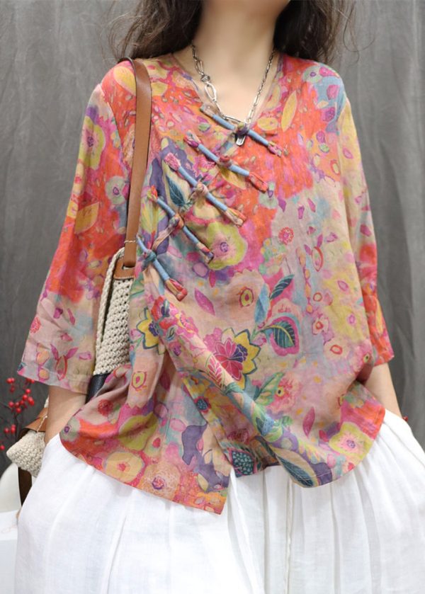 Orange Print Button Linen Blouse V Neck Bracelet Sleeve - Image 3