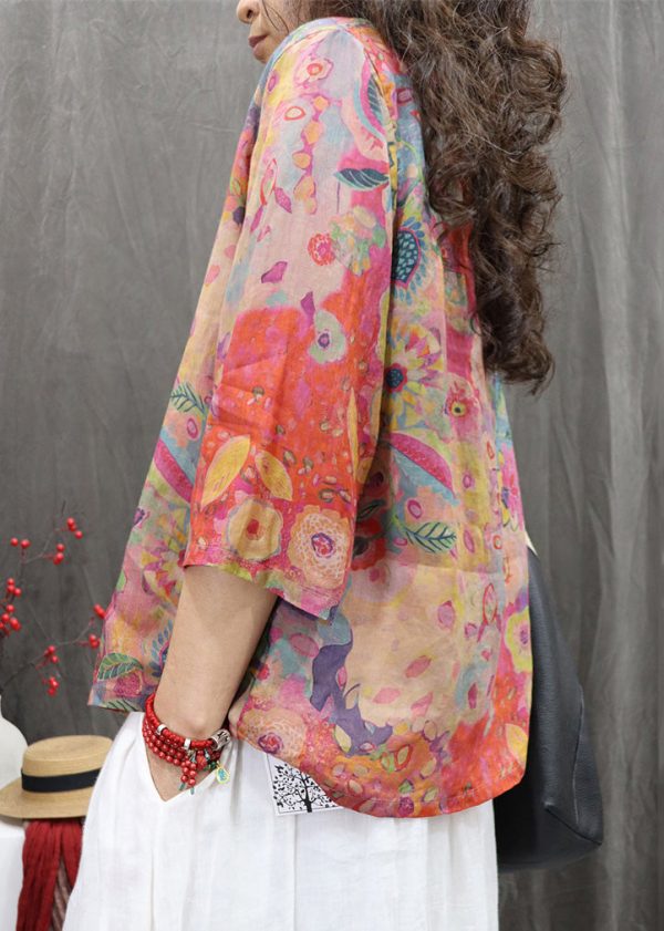 Orange Print Button Linen Blouse V Neck Bracelet Sleeve - Image 4