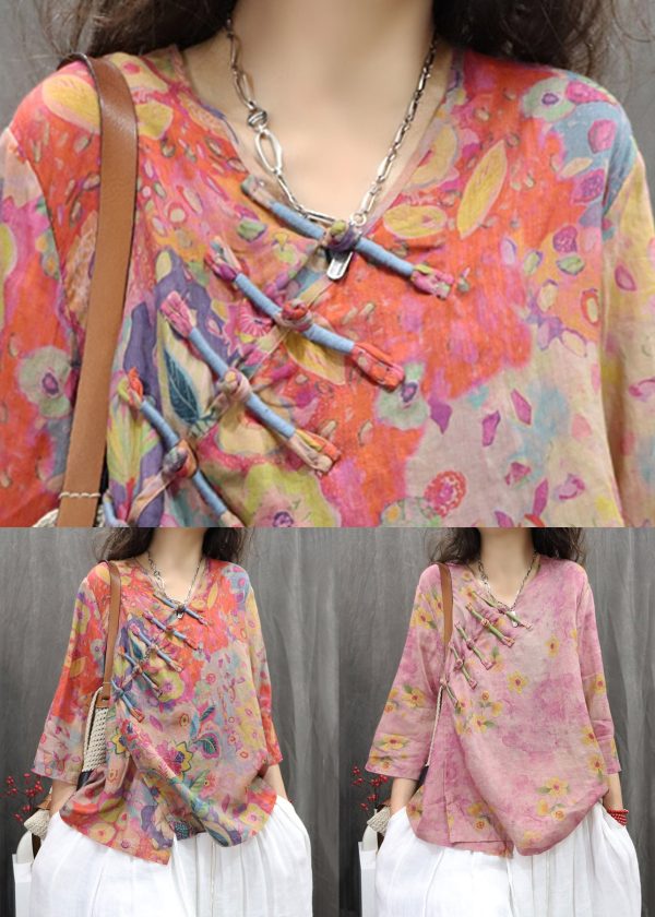 Orange Print Button Linen Blouse V Neck Bracelet Sleeve - Image 5