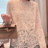 Organic Beige O-Neck Hollow Out Lace T Shirt Spring