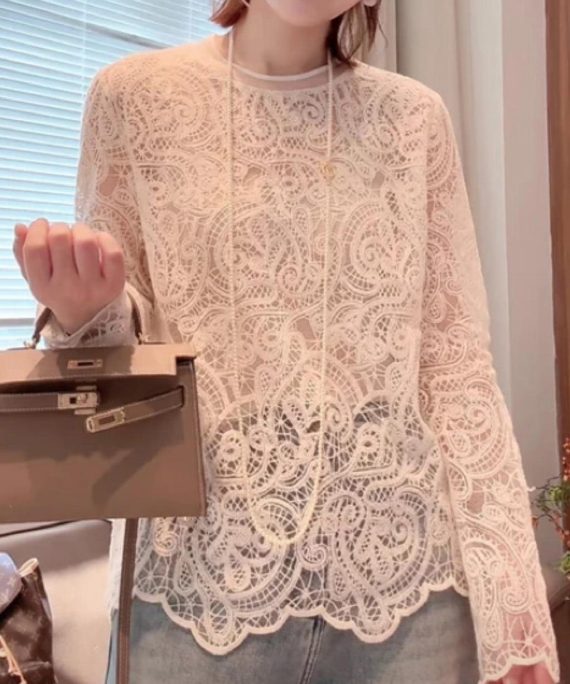Organic Beige O-Neck Hollow Out Lace T Shirt Spring