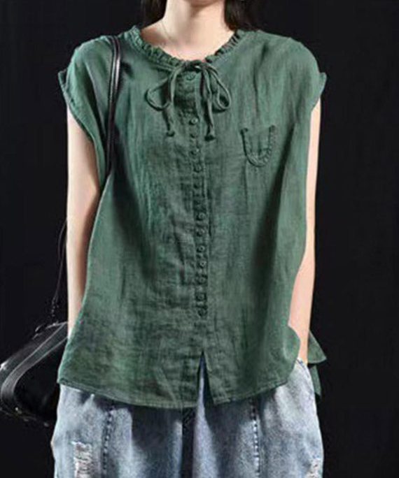 Organic Blackish Green Patchwork Ruffled Top Short Sleeve