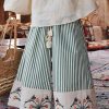 Organic Green Striped Embroidered Floral Cotton Wide Leg Pants Summer
