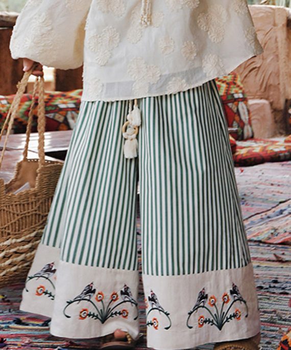 Organic Green Striped Embroidered Floral Cotton Wide Leg Pants Summer