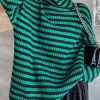 Organic Green Turtleneck Striped cozy Fall Knit Sweater
