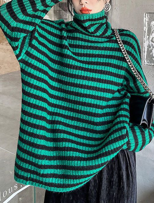 Organic Green Turtleneck Striped cozy Fall Knit Sweater