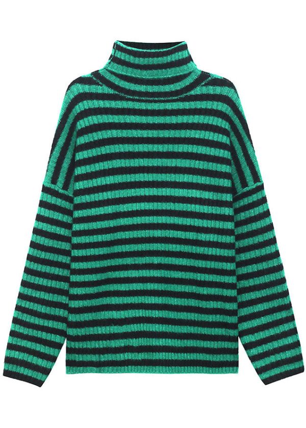Organic Green Turtleneck Striped cozy Fall Knit Sweater - Image 5
