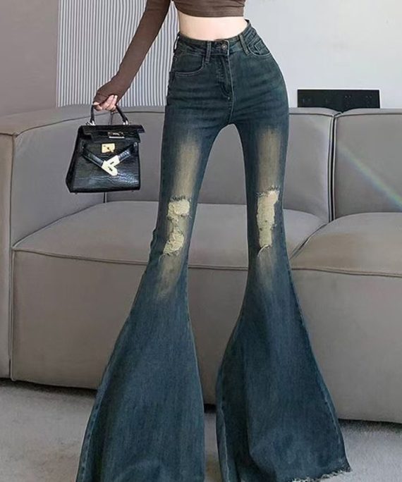 Organic Navy Tummy Control Ripped Jeans Bell-bottom Trousers Spring