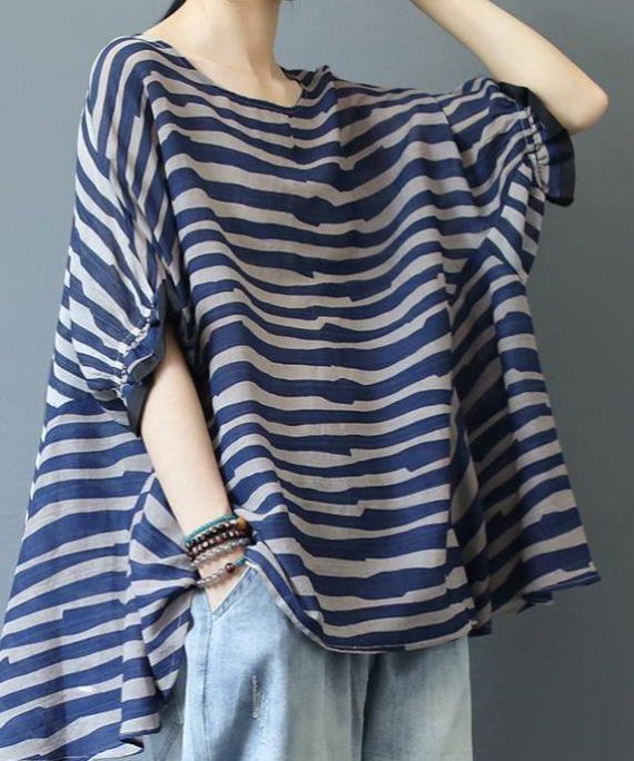 Organic Blue Striped Blouse O Neck Top Photography