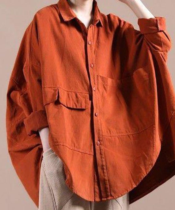 Organic Orange Coat For Woman Wardrobes Lapel Batwing Sleeve Spring Coats