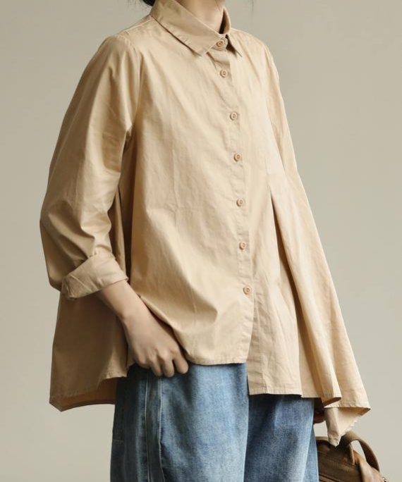 Organic khaki Tunic lapel asymmetric short shirt