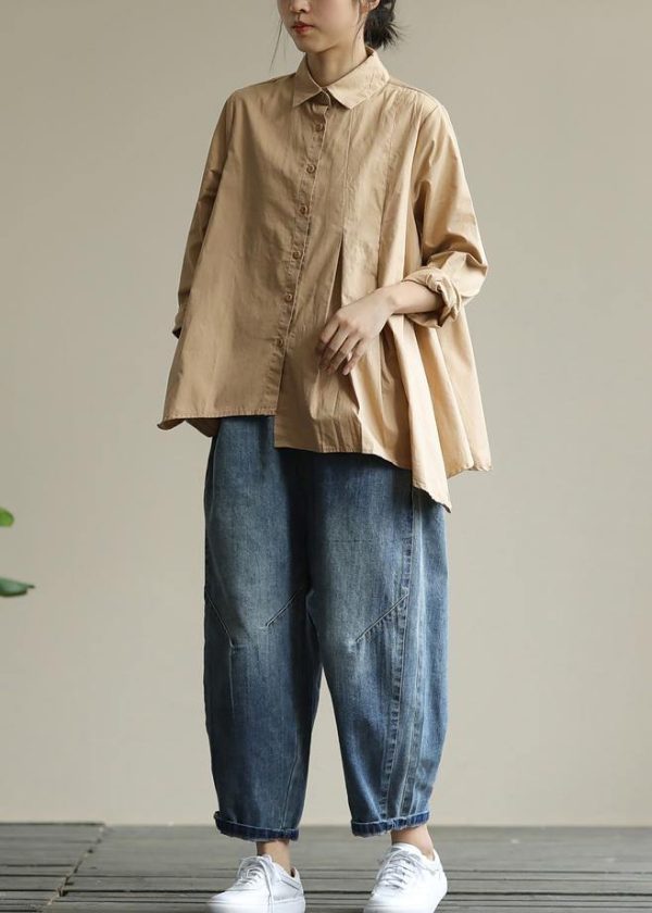 Organic khaki Tunic lapel asymmetric short shirt - Image 3