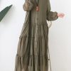 Organic stand collar Cinched outfit Tutorials army green Dresses