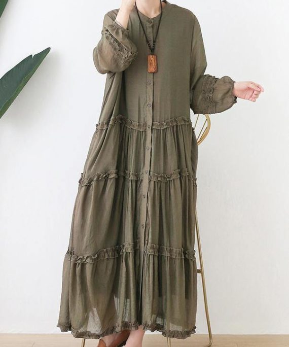 Organic stand collar Cinched outfit Tutorials army green Dresses