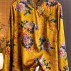 Oriental Yellow Stand Collar Button Silk Shirt Tops Long sleeve