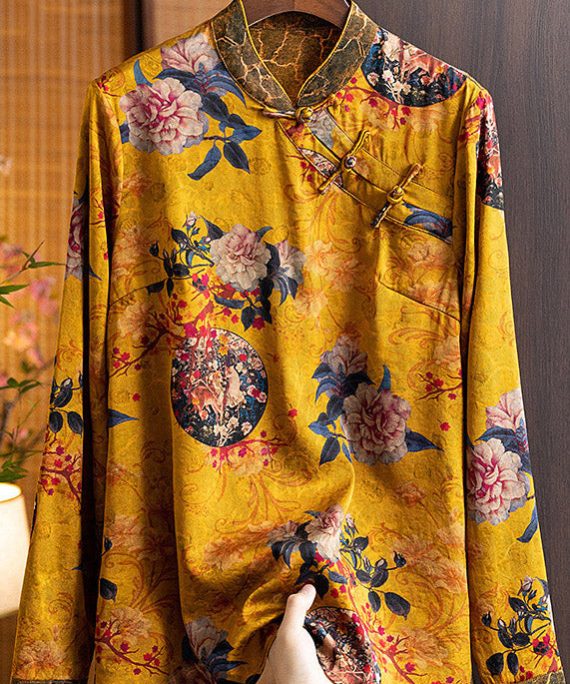Oriental Yellow Stand Collar Button Silk Shirt Tops Long sleeve