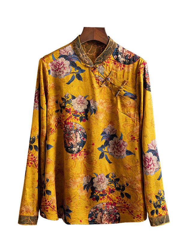 Oriental Yellow Stand Collar Button Silk Shirt Tops Long sleeve - Image 4