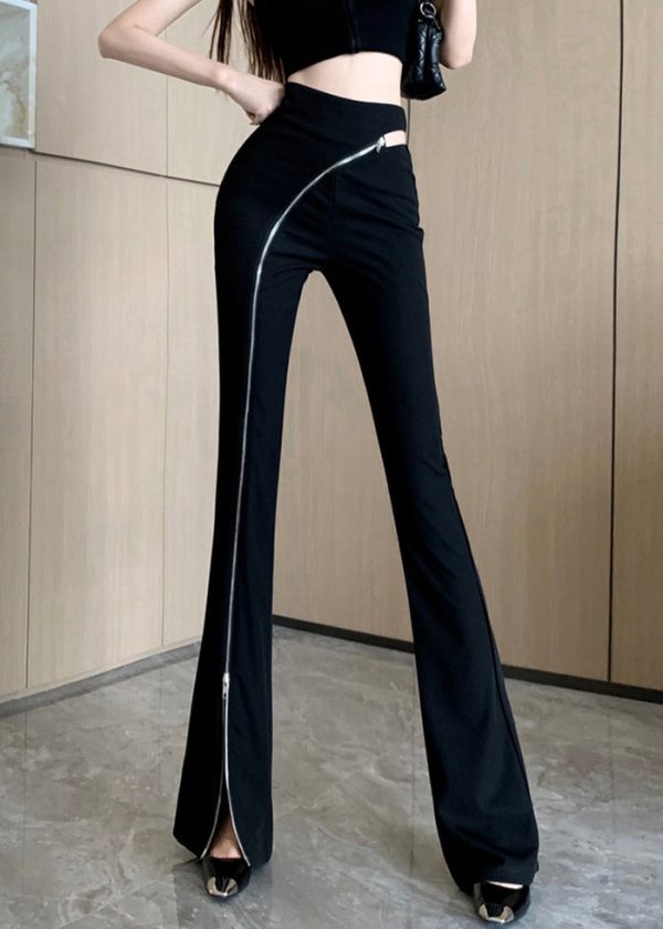 Original Black Zip Up Side Open Cotton Flared Trousers Spring - Image 2