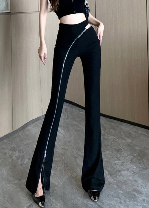 Original Black Zip Up Side Open Cotton Flared Trousers Spring - Image 3