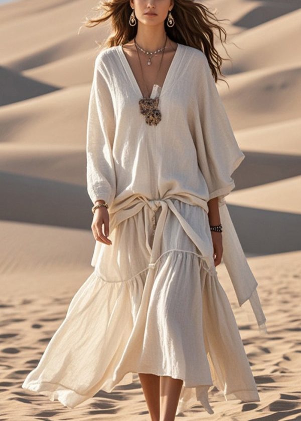 Original Design Apricot Oversized Patchwork Cotton Maxi Dresses Spring - Image 3