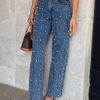 Original Design Blue Pockets Nail Bead Denim Pants Spring