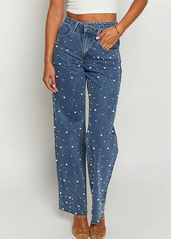 Original Design Blue Pockets Nail Bead Denim Pants Spring - Image 2