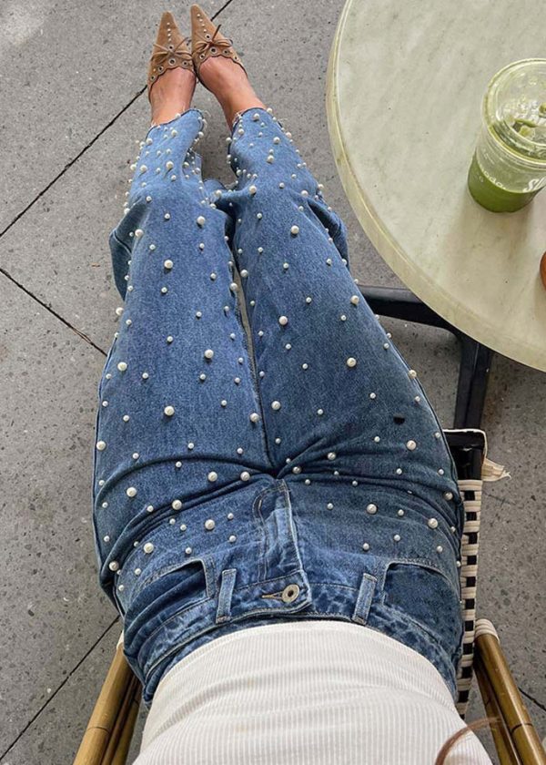 Original Design Blue Pockets Nail Bead Denim Pants Spring - Image 3