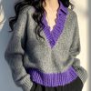 Original Design Grey V Neck Patchwork Knit Pullover Spring