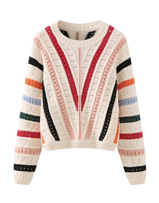 Original Design O-Neck Striped Hollow Out Knit Sweaters Spring